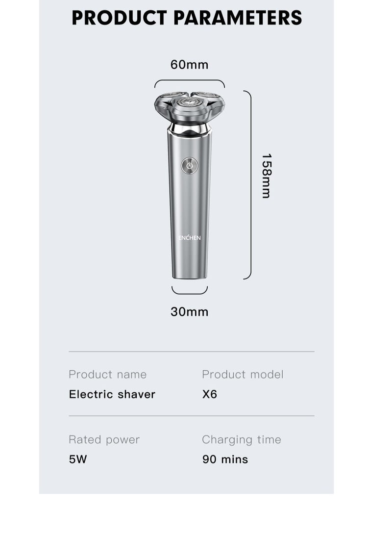 X6 Electric Shaver Men's Beard Cutter Washable Silver Shaver Magnetic Three-Blade Head