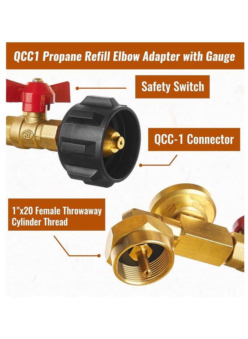 Propane Refill Adapter with Valve and Gauge, Easily Fill 1lb Bottles from 20lb Tank - Compatible with QCC1/Type1 Propane Tanks and Disposable 1lb Cylinders - Safe Propane Bottle Connector