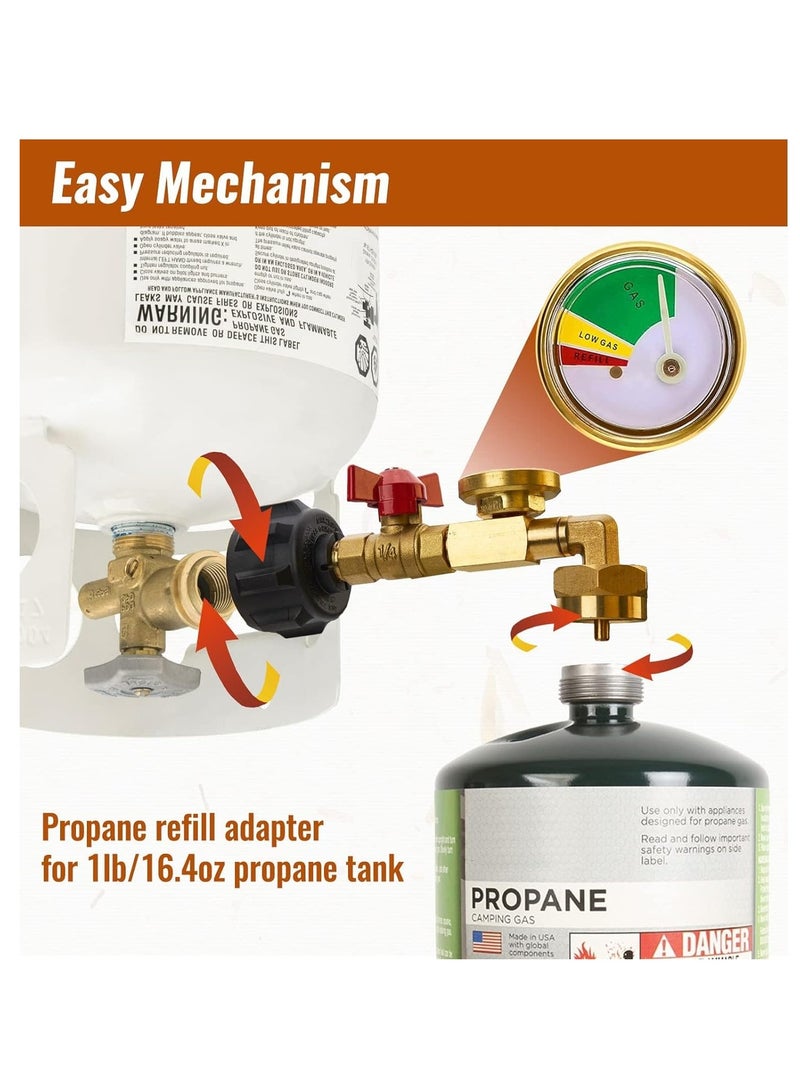 Propane Refill Adapter with Valve and Gauge, Easily Fill 1lb Bottles from 20lb Tank - Compatible with QCC1/Type1 Propane Tanks and Disposable 1lb Cylinders - Safe Propane Bottle Connector