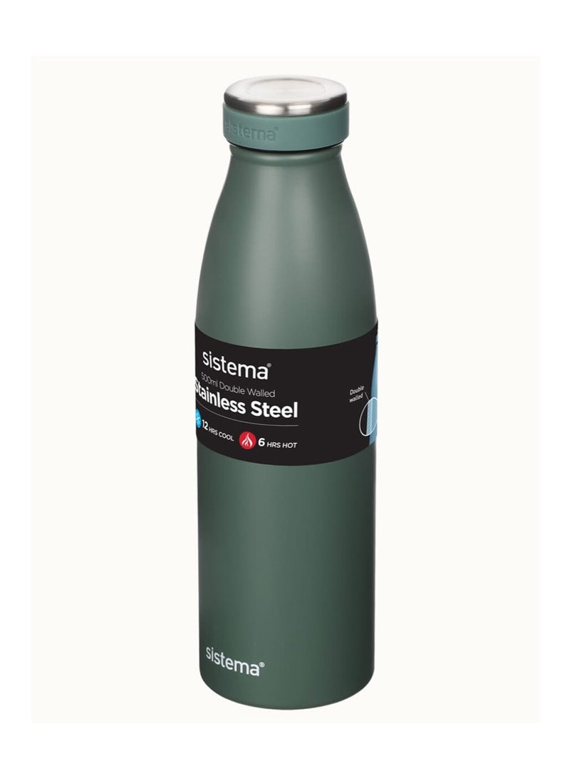 Sistema Hydrate Stainless Steel Water Bottle, 500 ml Leak-Proof Reusable BPA & Phthalate Free Double Wall Vacuum Insulation Keeps Cold for 12 hrs, Hot 6 hrs, Nordic Green