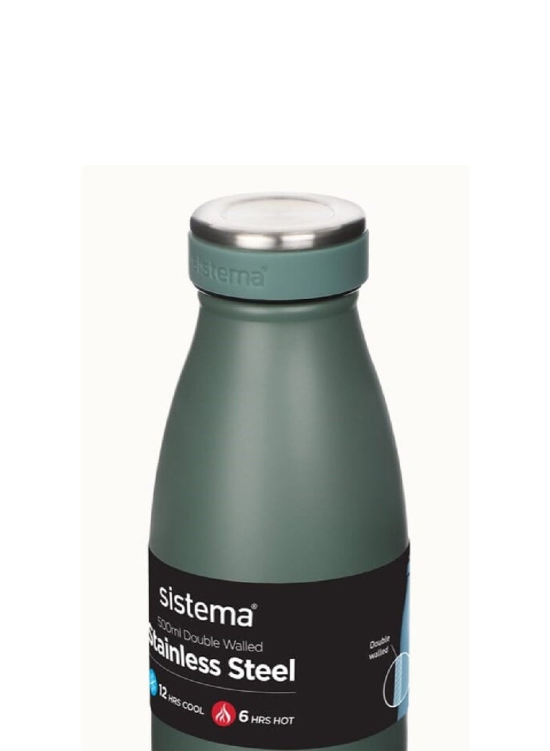 Sistema Hydrate Stainless Steel Water Bottle, 500 ml Leak-Proof Reusable BPA & Phthalate Free Double Wall Vacuum Insulation Keeps Cold for 12 hrs, Hot 6 hrs, Nordic Green