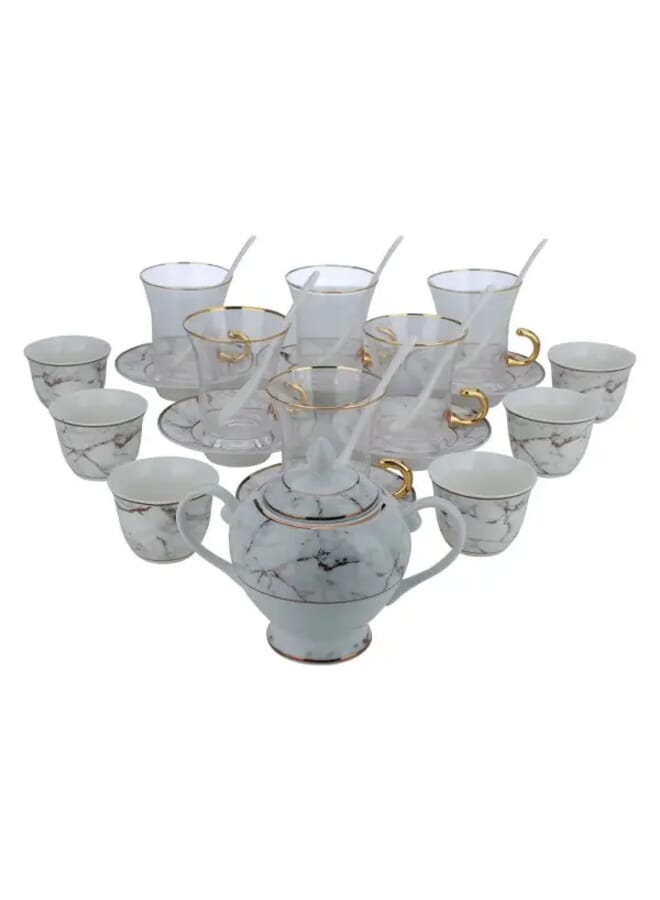 26 Pieces White Porcelain Tea and Coffee Serving Set Gray Pattern