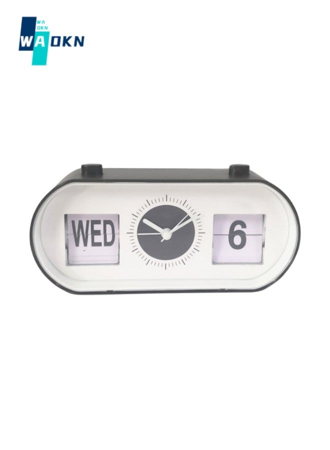 Classic Manual Page-turning Alarm Clock, Versatile Desktop Simple Modern Clock, Decompression Button Calendar Ornament, Multi-functional Silent Alarm Clock (Black and White)