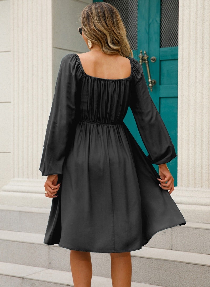 Black Plain/Basic Long Sleeve Dress