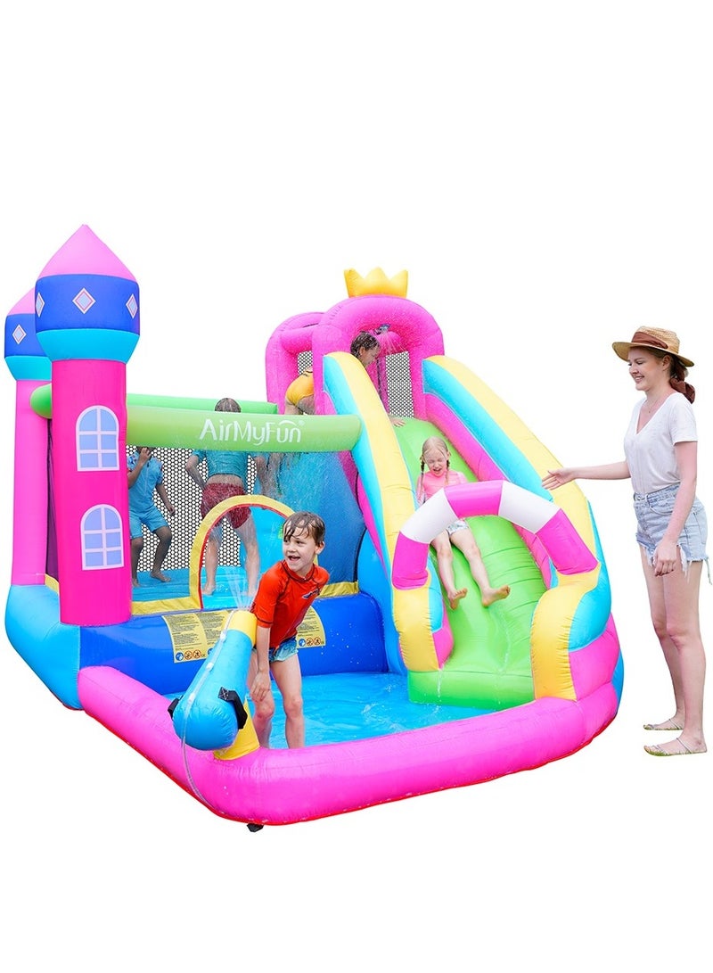 AirMyFun Inflatable Water slide Pink Princess Bounce House for Big Kids 8-12 with Long Slide and Spray Water Gun for Kids Backyard Inflatable Bouncy Castle