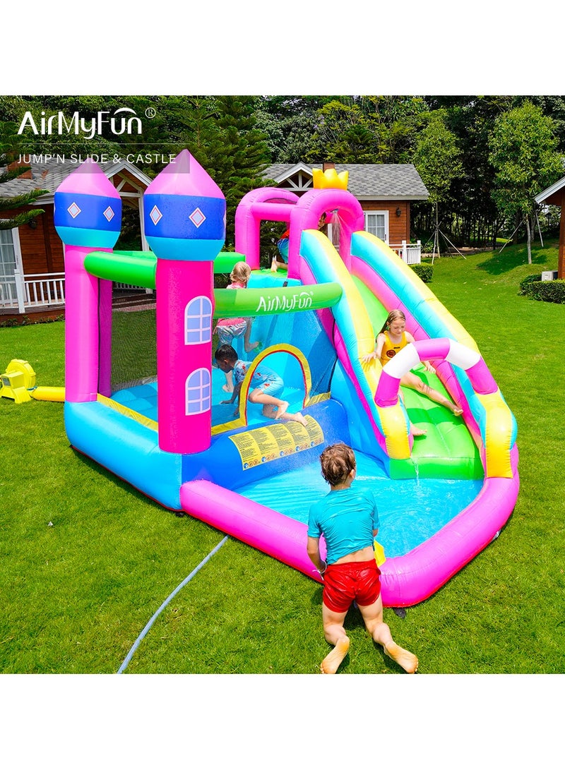 AirMyFun Inflatable Water slide Pink Princess Bounce House for Big Kids 8-12 with Long Slide and Spray Water Gun for Kids Backyard Inflatable Bouncy Castle
