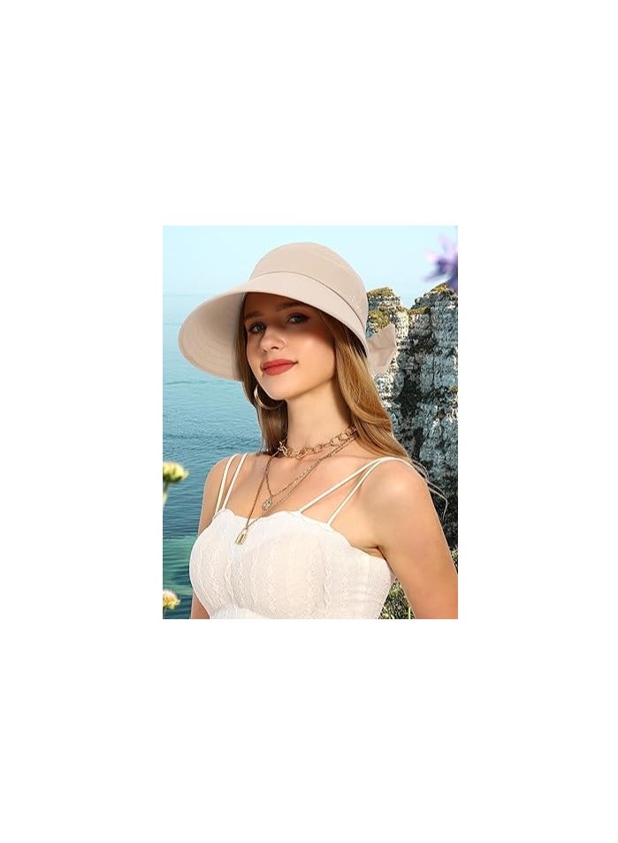 Sun Visor Hat for Women, Beach Sun Hat, Large Wide Brim Anti-UV Golf Tennis Cap, Ponytail Hat, Packable UPF 50+ Travel Outdoor, Pool Visors, for Outdoor Sports Tennis Running Beach Games(Beige)