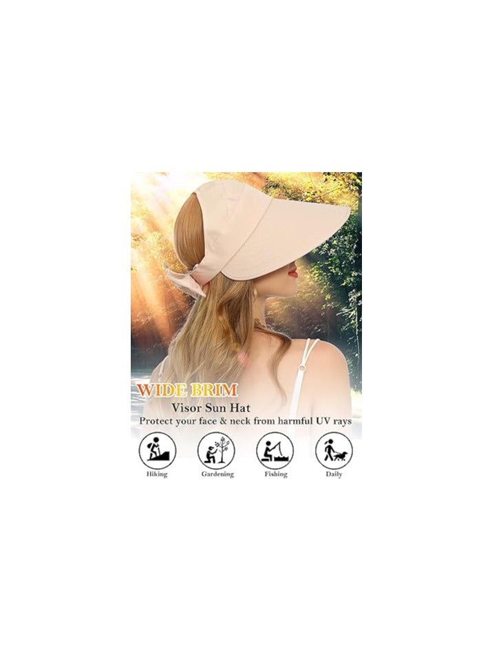 Sun Visor Hat for Women, Beach Sun Hat, Large Wide Brim Anti-UV Golf Tennis Cap, Ponytail Hat, Packable UPF 50+ Travel Outdoor, Pool Visors, for Outdoor Sports Tennis Running Beach Games(Beige)