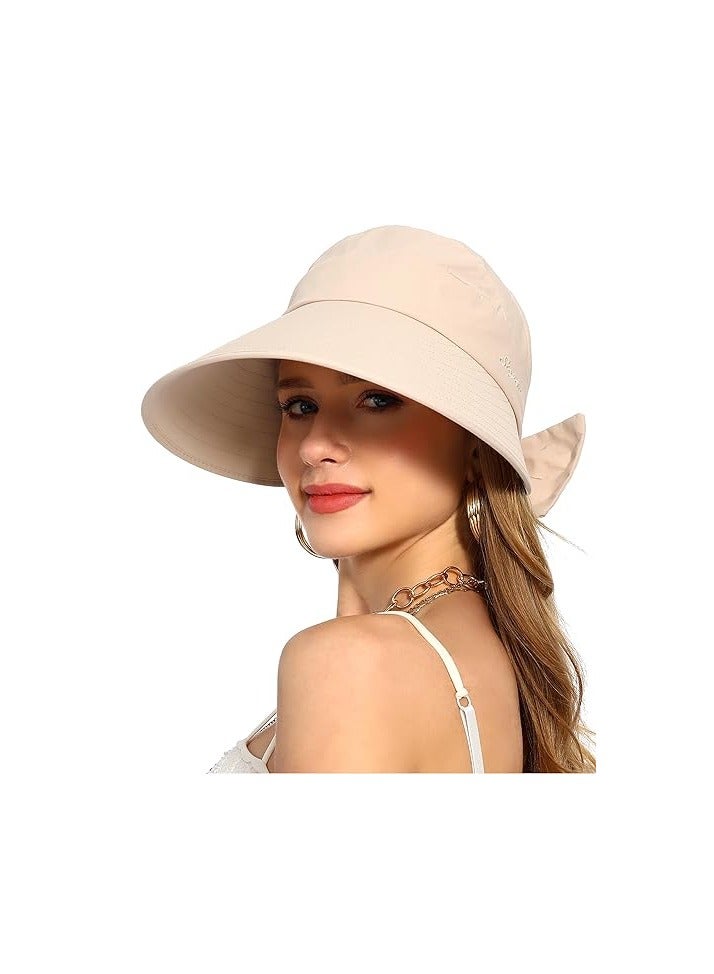 Sun Visor Hat for Women, Beach Sun Hat, Large Wide Brim Anti-UV Golf Tennis Cap, Ponytail Hat, Packable UPF 50+ Travel Outdoor, Pool Visors, for Outdoor Sports Tennis Running Beach Games(Beige)