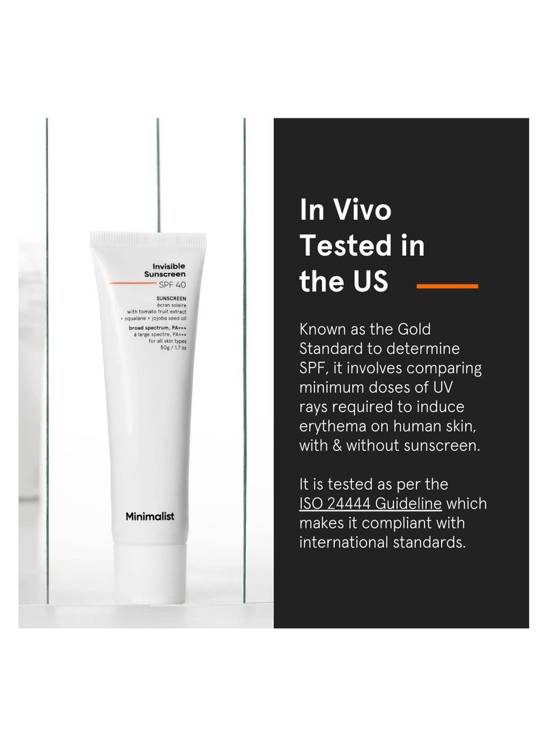 Minimalist Invisible Sunscreen For Oily Skin|Spf 40 Pa+++|Clinically Tested In Usa(In-Vivo)|Water Resistant Sweat Resistant|For Women&Men|50 Gm, 1 Count