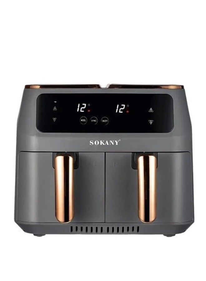 Electric air fryer for frying, grilling, baking, and roasting with overheating protection, promoting healthier cooking.