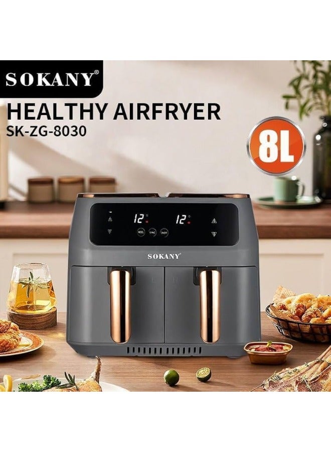 Electric air fryer for frying, grilling, baking, and roasting with overheating protection, promoting healthier cooking.