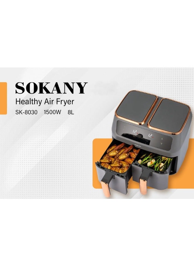 Electric air fryer for frying, grilling, baking, and roasting with overheating protection, promoting healthier cooking.