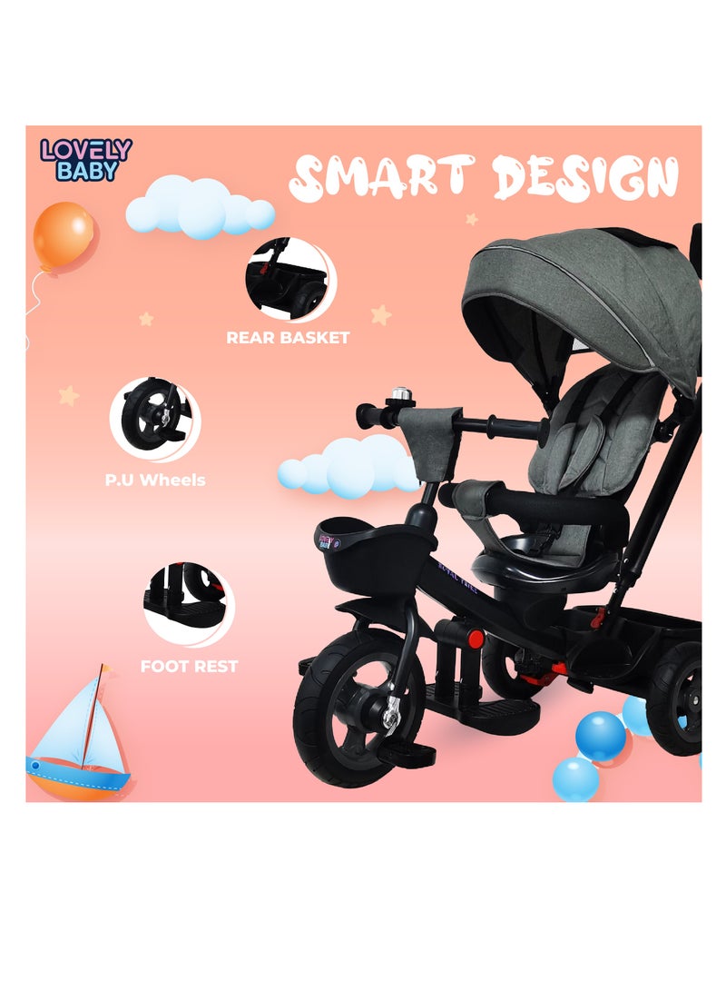 Lovely Baby Pedal Tricycle for Kids LB 565HC, Children Ride-on Trike with 360° Seat Rotation & Recline, Handle, Front Rear Storage & Canopy for Infants 6-36M - Grey