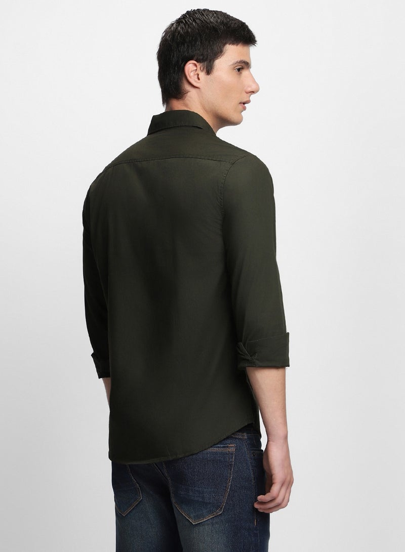 Men's Slim Fit Olive Green Casual Cotton Spread Shirt