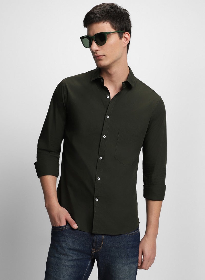 Men's Slim Fit Olive Green Casual Cotton Spread Shirt