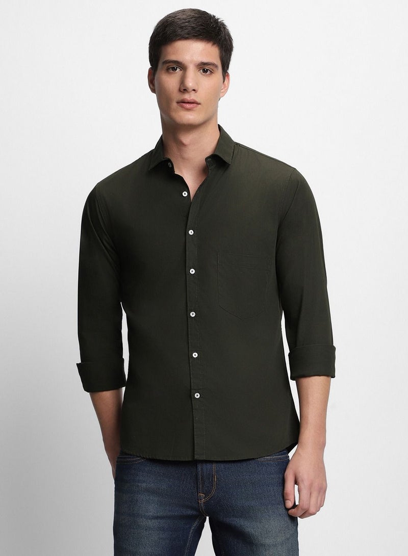 Men's Slim Fit Olive Green Casual Cotton Spread Shirt