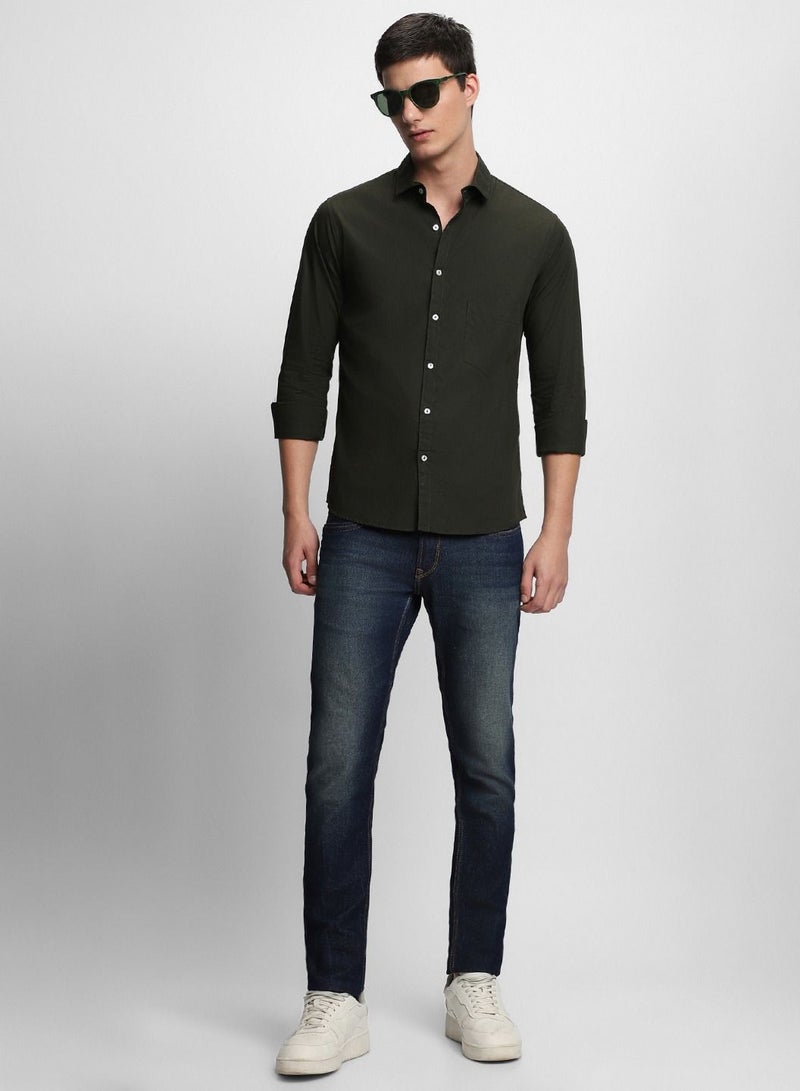 Men's Slim Fit Olive Green Casual Cotton Spread Shirt