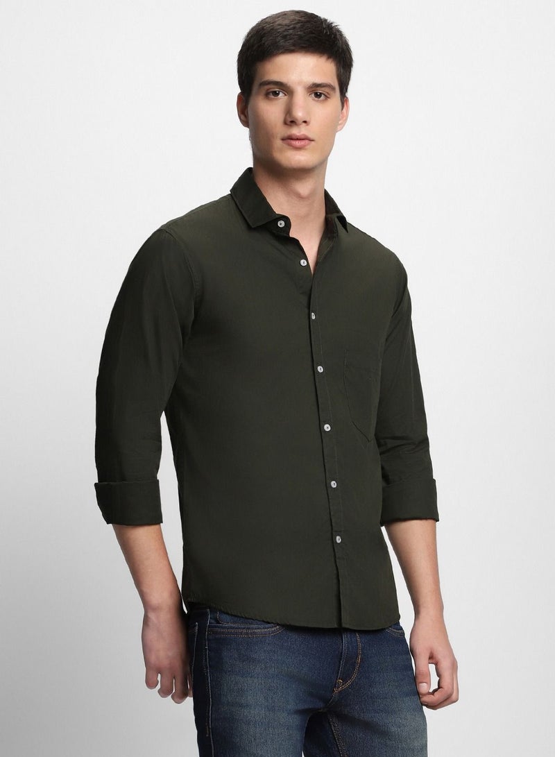 Men's Slim Fit Olive Green Casual Cotton Spread Shirt