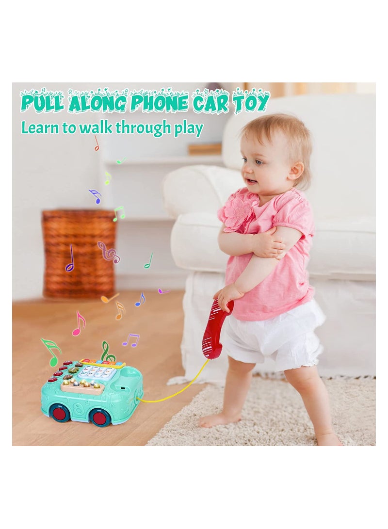 Baby Educational Musical Toy Phone, Pull Along Car Toys, Musical Light Walking Telephone Toys for Toddlers Kids, for 1 Year Old Boys Girls