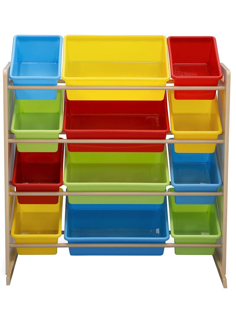 Kids Toy Storage Organizer With 12 Plastic Bins - Natural/Primary