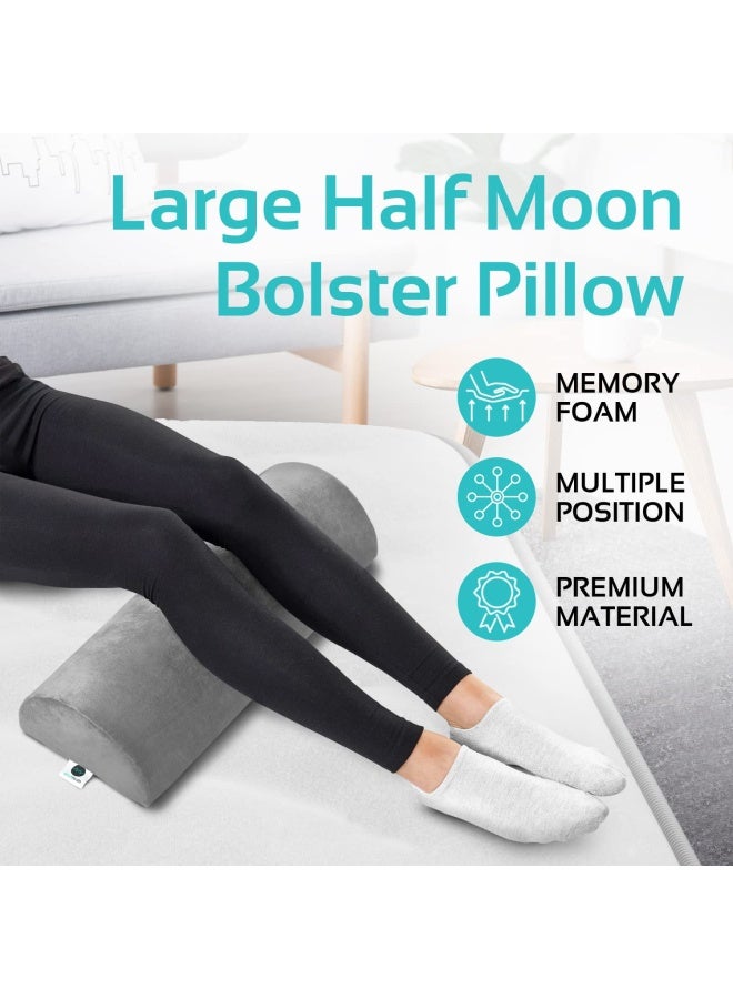 Large Half Moon Bolster Pillow For Legs  Knees  Lower Back And Head  Lumbar Support Pillow For Bed  Sleeping   Semi Roll For Ankle And Foot Comfort - Machine Washable Cover  Grey