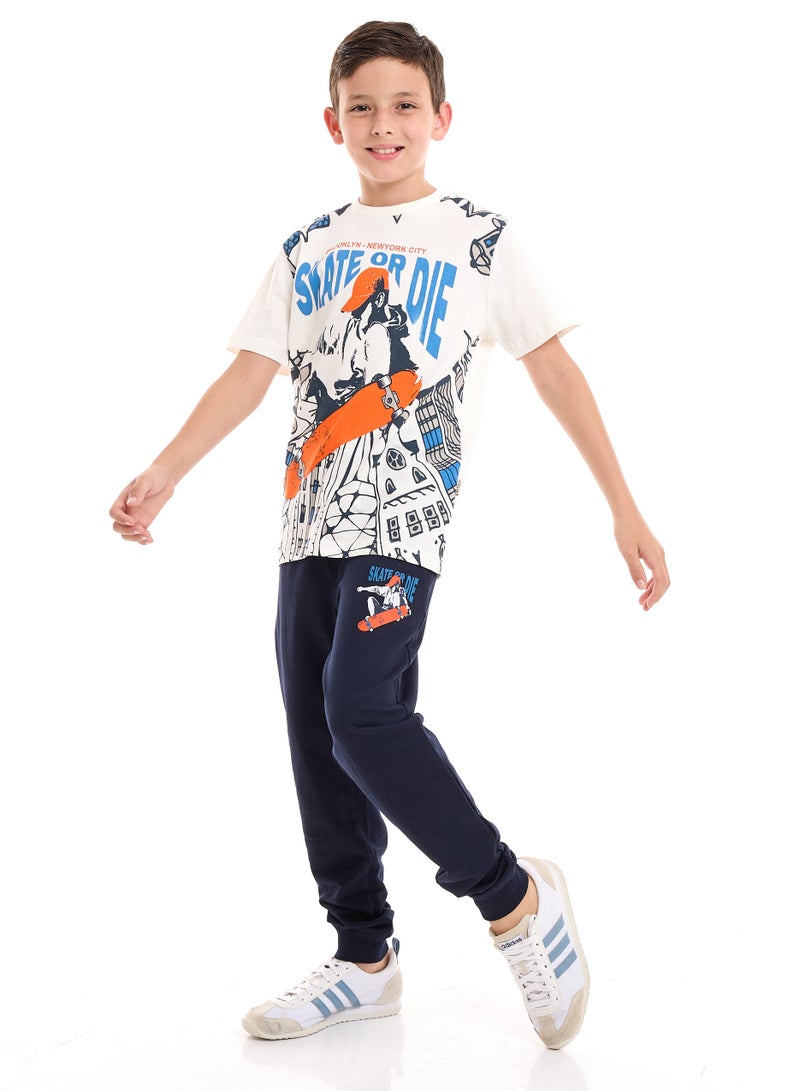 Boys' Summer Outfit Set: 2-Piece T-Shirts & Jogger -White & Navy