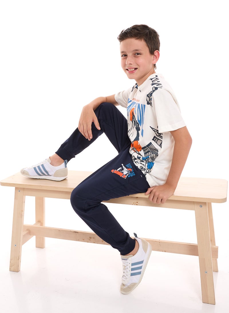 Boys' Summer Outfit Set: 2-Piece T-Shirts & Jogger -White & Navy