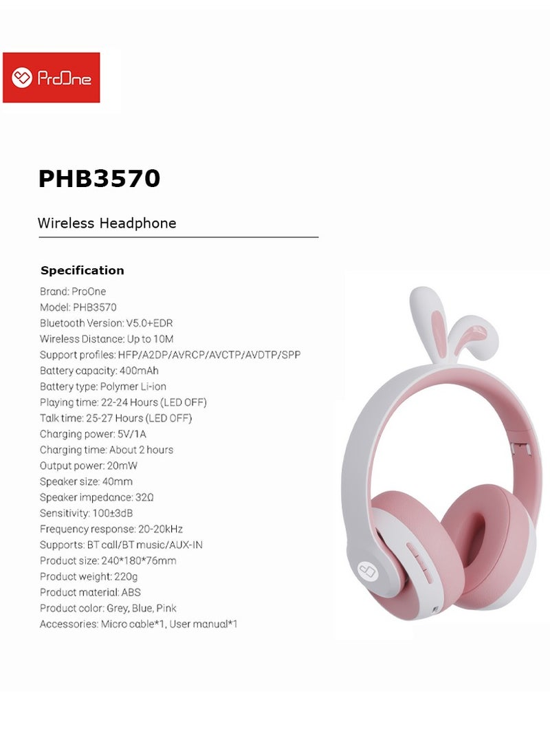 ProOne PHB3570 Wireless Headphone - Bluetooth 5.0, Up to 24 Hours Playtime, AUX-IN, 27 Hours Talk Time, Comfortable, Adjustable, Compatible with PlayStation, PC, Laptop