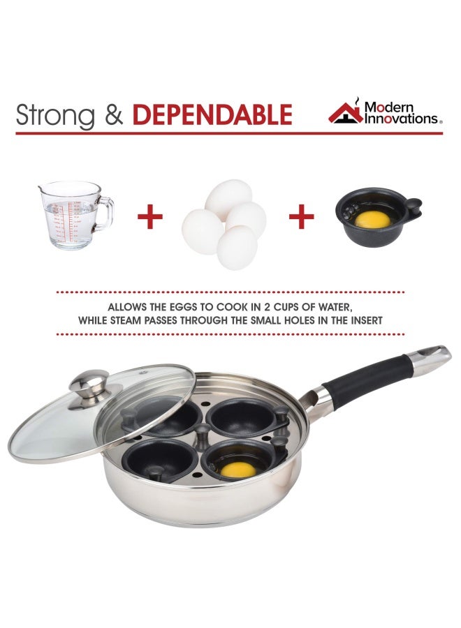 Modern Innovations  Egg Poacher Pan Set With 4 Nonstick Large Egg Poaching Cups Stainless Steel Frying Pan Silicone Handle Glass Lid Removable Tray Insert And Bonus Spatula