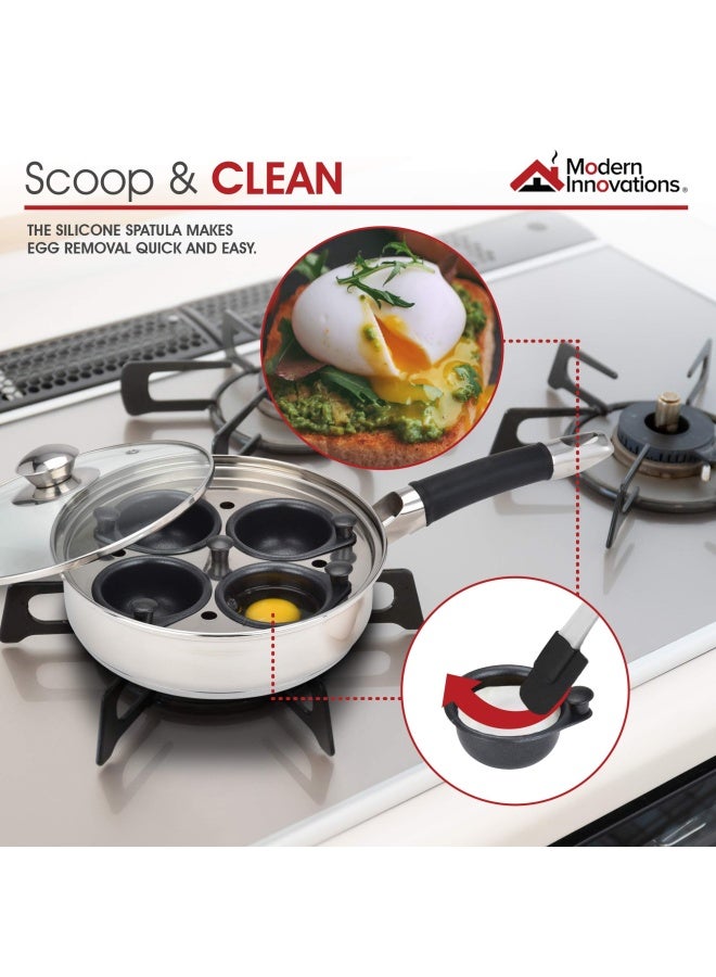 Modern Innovations  Egg Poacher Pan Set With 4 Nonstick Large Egg Poaching Cups Stainless Steel Frying Pan Silicone Handle Glass Lid Removable Tray Insert And Bonus Spatula