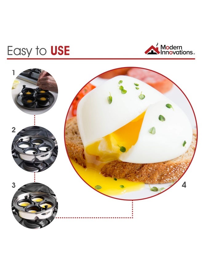 Modern Innovations  Egg Poacher Pan Set With 4 Nonstick Large Egg Poaching Cups Stainless Steel Frying Pan Silicone Handle Glass Lid Removable Tray Insert And Bonus Spatula