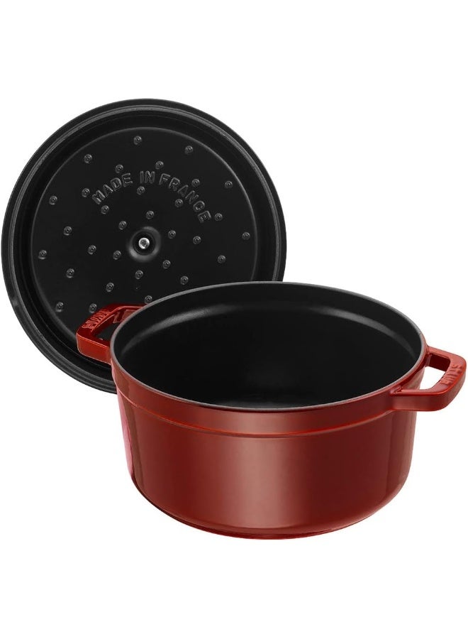 Staub Round Cocotte 24Cm Grenadine 3.8L Cast Iron Material Matte Black Inner Enamel. Lid With Aroma Rain Structure. Suitable For All Types Of Hobs Incl. Induction. Ovensafe. Grill Safe.