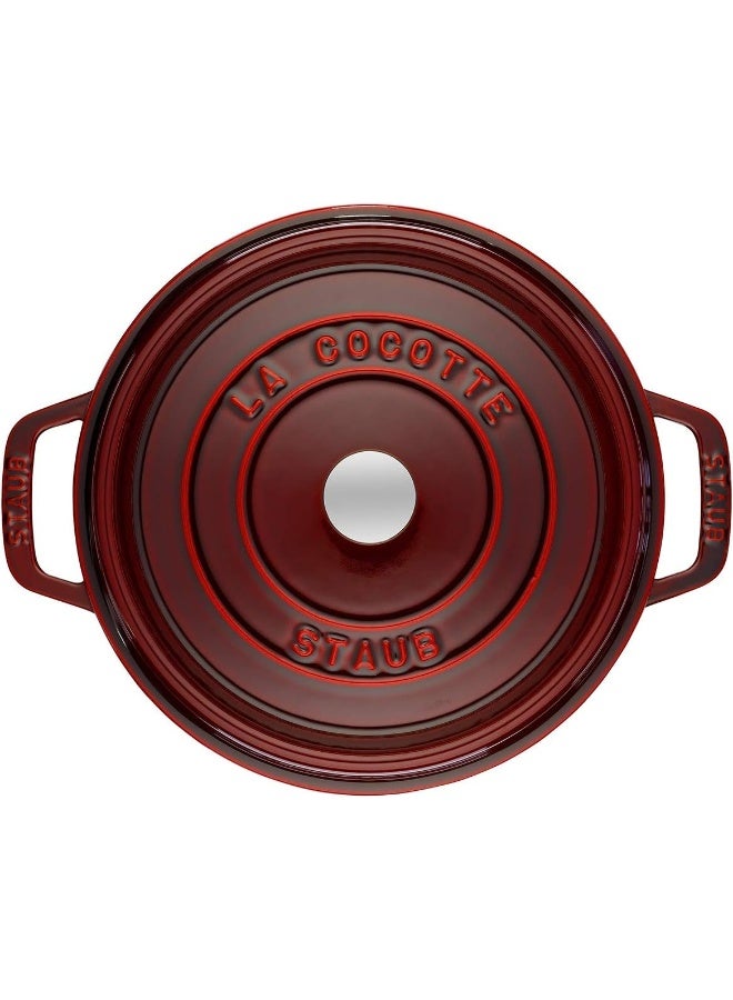 Staub Round Cocotte 24Cm Grenadine 3.8L Cast Iron Material Matte Black Inner Enamel. Lid With Aroma Rain Structure. Suitable For All Types Of Hobs Incl. Induction. Ovensafe. Grill Safe.