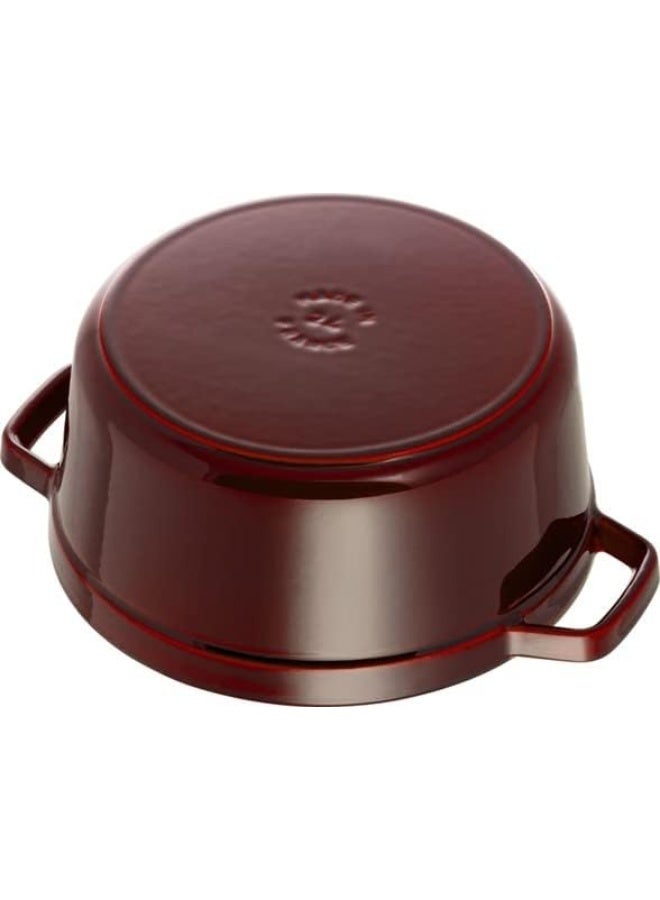 Staub Round Cocotte 24Cm Grenadine 3.8L Cast Iron Material Matte Black Inner Enamel. Lid With Aroma Rain Structure. Suitable For All Types Of Hobs Incl. Induction. Ovensafe. Grill Safe.