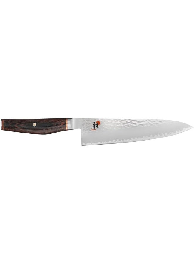 Miyabi 6000MCT Gyutoh 20cm. MicroCarbide MC63 powder steel Japanese blade. 3 layers. Hardness 63 Rockwell. Icehardened. Rust resistant. Pakka wood handle. Made in Seki, Japan.