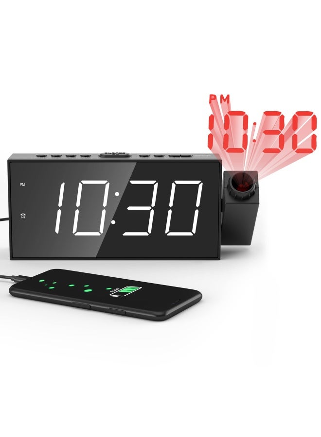 Projection Alarm Clock for Bedroom - AM FM Radio & Sleep Timer  180  Projector  7  Large Digital LED Display&Dimmer  Dual Alarms  USB Charger  Battery Backup Desk Wall Ceiling Plug -in Clock