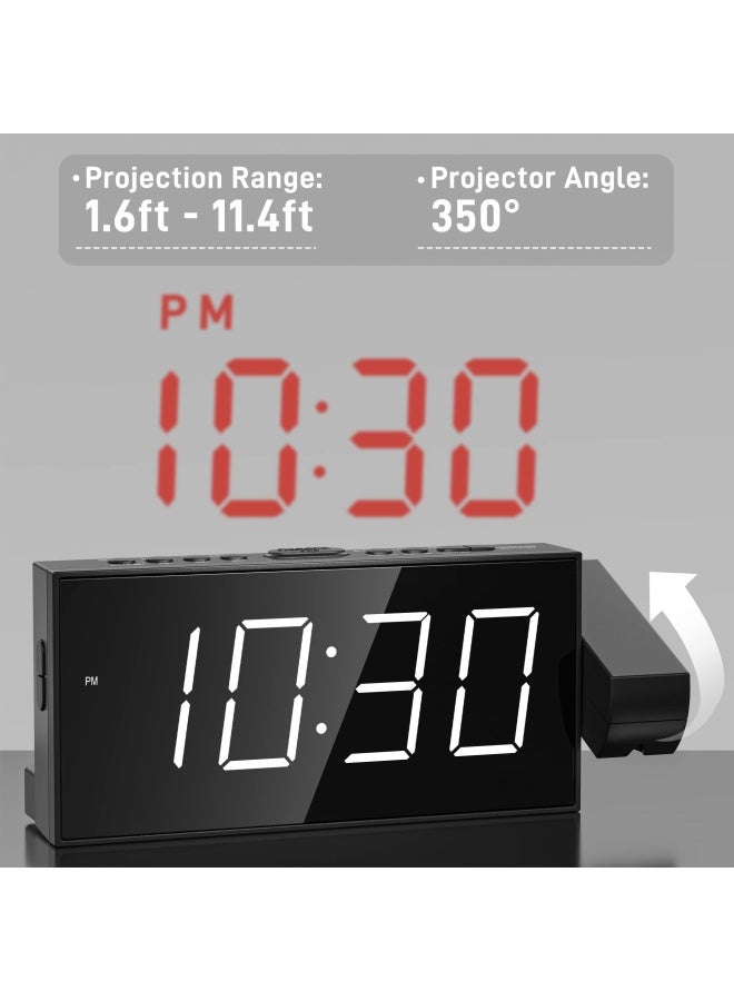 Projection Alarm Clock for Bedroom - AM FM Radio & Sleep Timer  180  Projector  7  Large Digital LED Display&Dimmer  Dual Alarms  USB Charger  Battery Backup Desk Wall Ceiling Plug -in Clock