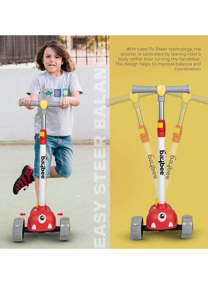 Baybee Skate Scooter for Kids, 3 Wheel Kids Scooter with 3 Height Adjustable Handle, Kick Scooter with Led PU Wheels & Rear Brake, Runner Scooter for Kids 2 to 10 Years Boy Girl Red