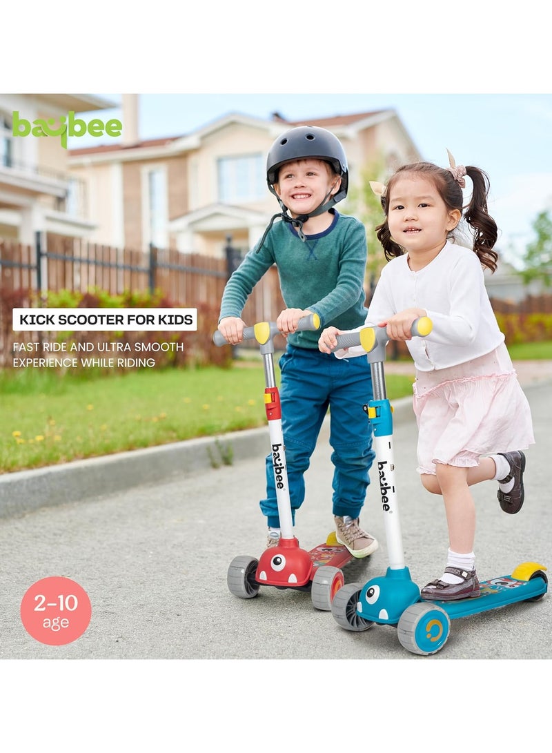 Baybee Skate Scooter for Kids, 3 Wheel Kids Scooter with 3 Height Adjustable Handle, Kick Scooter with Led PU Wheels & Rear Brake, Runner Scooter for Kids 2 to 10 Years Boy Girl Red