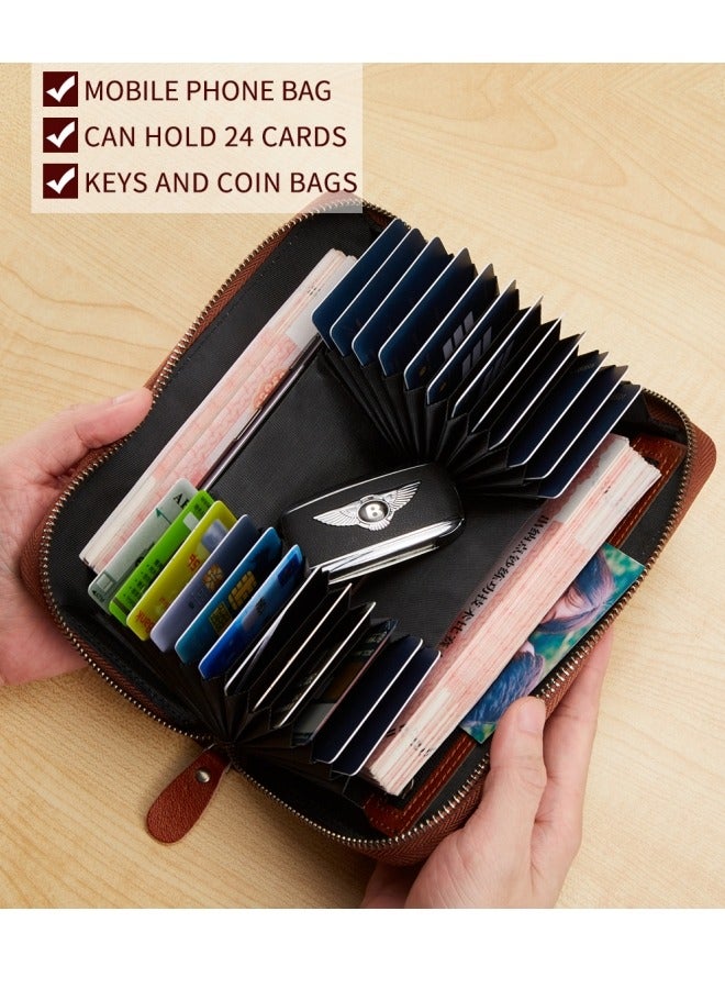 Ancient Harp Leather Card Slot Simple Anti-demagnetization Anti-theft Brush Can Hold Mobile Phone Convenient Wallet Yellow Brown