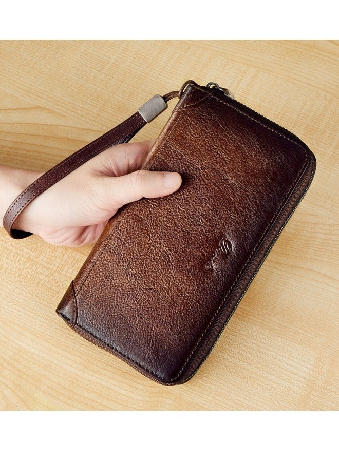 Ancient Harp Leather Card Slot Simple Anti-demagnetization Anti-theft Brush Can Hold Mobile Phone Convenient Wallet Brown