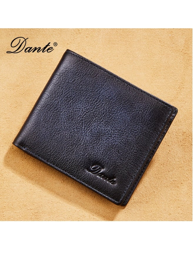 Men's Wallet, Top Layer Cowhide, Anti-theft Card Swipe RFID Leather Wallet, Blue-Gray