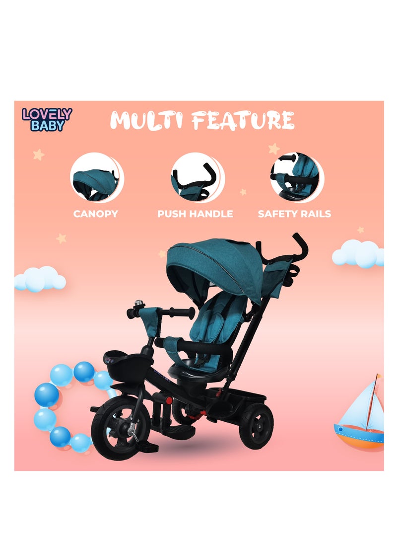 Lovely Baby Pedal Tricycle for Kids LB 565HC, Children Ride-on Trike with 360° Seat Rotation & Recline, Handle, Front Rear Storage & Canopy for Infants 6-36M - Blue