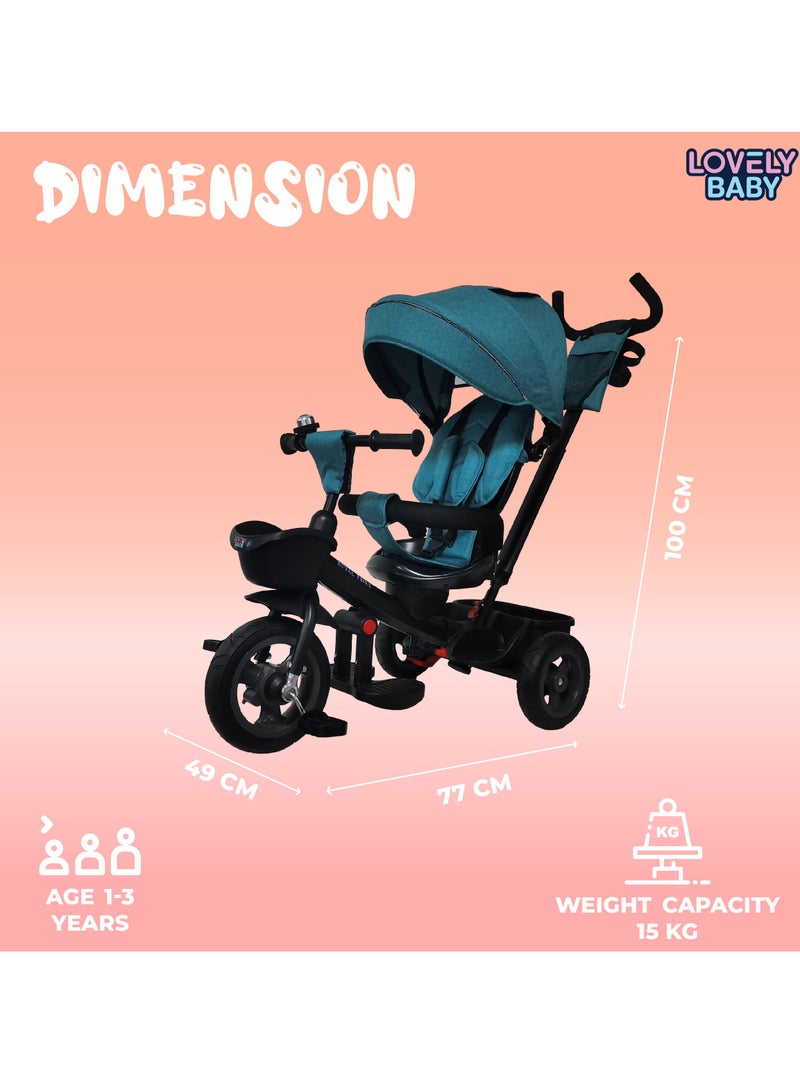 Lovely Baby Pedal Tricycle for Kids LB 565HC, Children Ride-on Trike with 360° Seat Rotation & Recline, Handle, Front Rear Storage & Canopy for Infants 6-36M - Blue