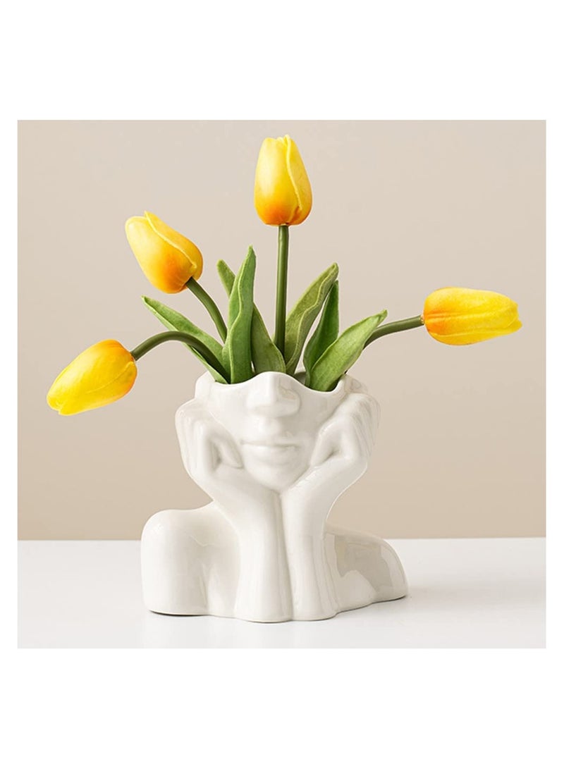 White Ceramic Face Vase, Female Form Head Boho Feminist Minimalism, Decorative Modern Nordic Style Flower Vase for Home Living Room Office Decor (W 5.5