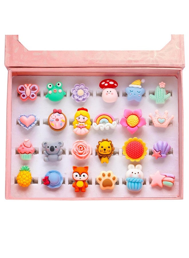 Little Girl Jewel Rings In Box Adjustable No Duplication Girl Pretend Play And Dress Up Rings (24 Surface Ring)