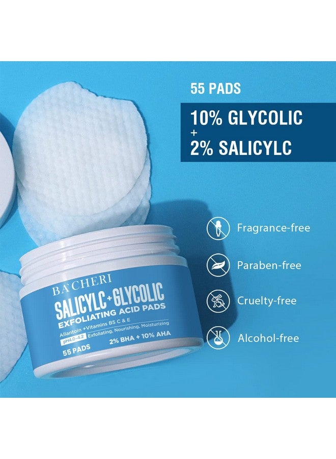 10% Glycolic Acid + 2% Salicylic Acid Peel Pads Bacheri Resurfacing Pads For Face With Vitamins B5 C & E Allantoin Exfoliating Facial Peel For Dark Spots Blackhead Acne 55 Pads
