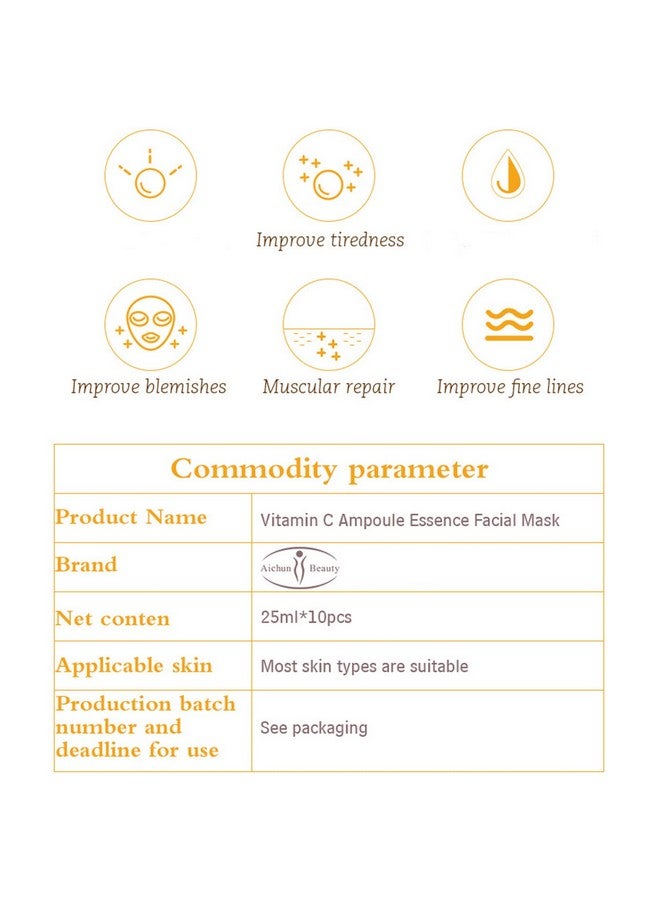 Vitamin C Essence Facial Mask Moisturizing Refreshing Deep Hydration Repair Sunburn Remove Acnes Wrinkles Refines Pores 25Ml/0.88Fl.Oz (10 Pack)