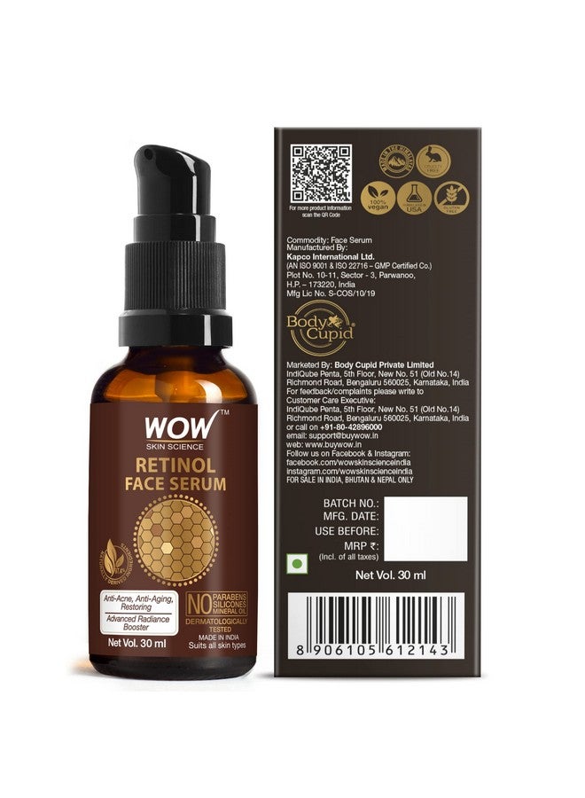 Retinol Face Serum Oil Free Skin Plumping Boost Collagen Anti Acne Anti Aging Restoration No Parabens Silicones & Mineral Oil 30 Ml